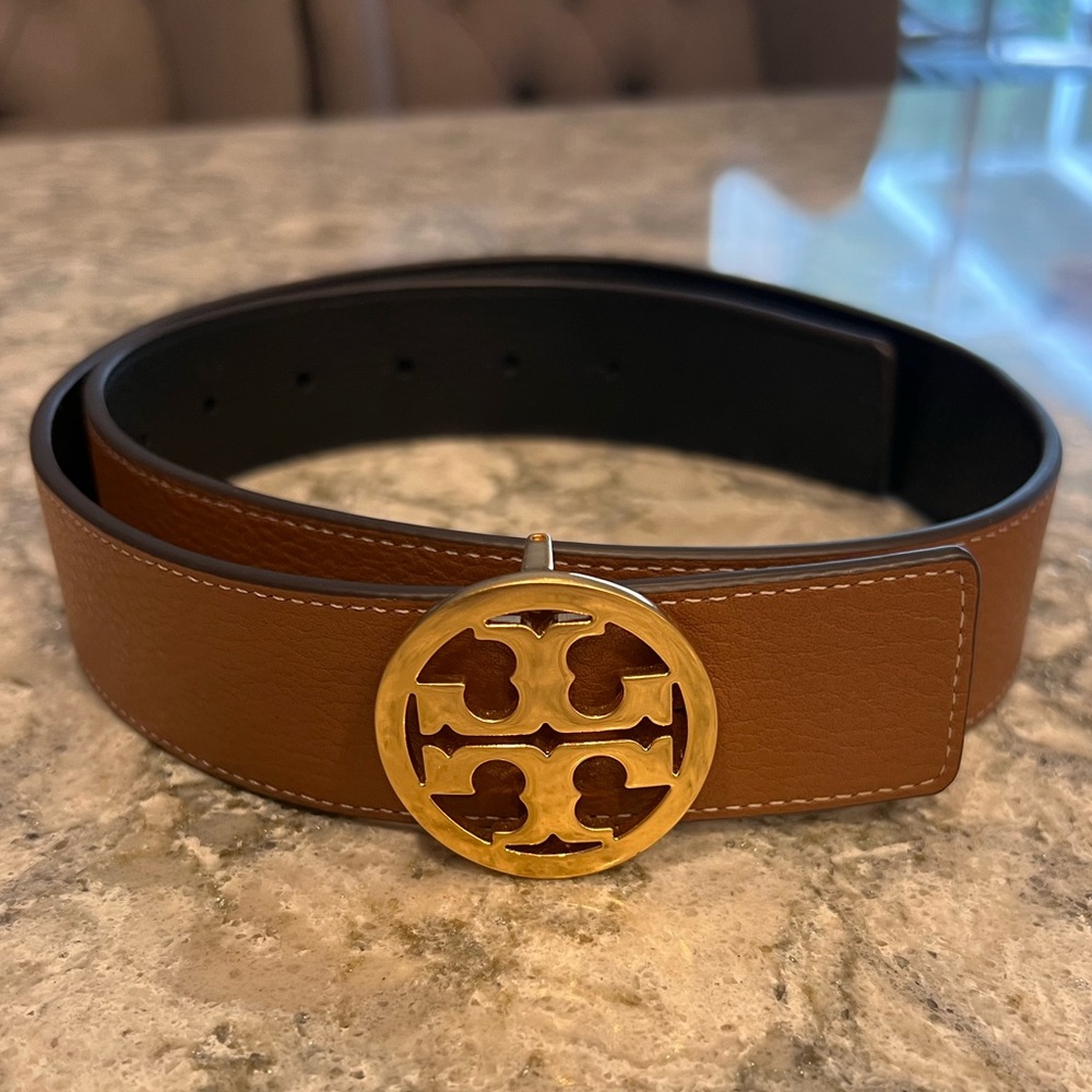 TORY BURCH NWT 1.5" Reversible Gold Logo Brown Black Buckle Belt Size S